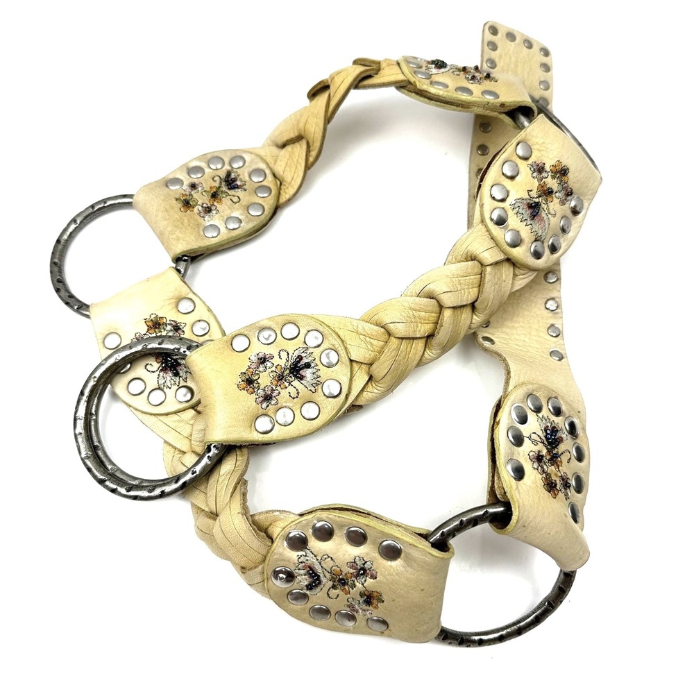 VTG Betsey Johnson Braided Leather O-Ring Studded Belt Embroidery  M/L BB246